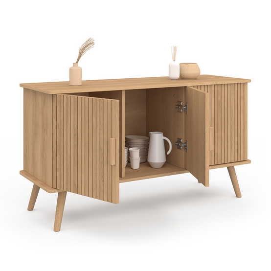 Buffet 110 cm JULIETTE 3 portes lattes tasseau bois coloris chêne - Image 4
