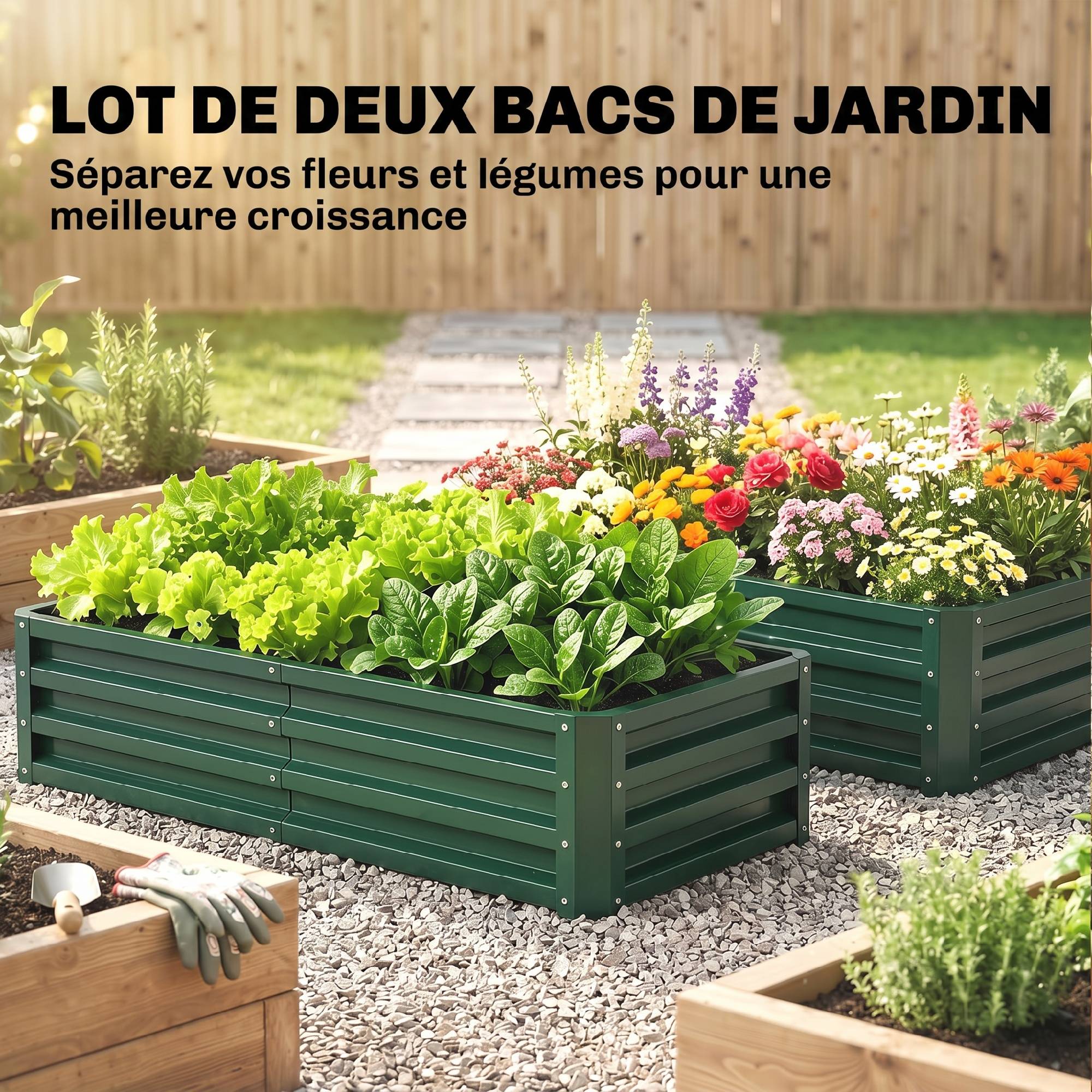 ComfortXL - Lot de 2 carrés potagers rectangulaires en acier galvanisé 120 x 60 x 30,5 cm vert foncé pour jardin et serre - Image 4