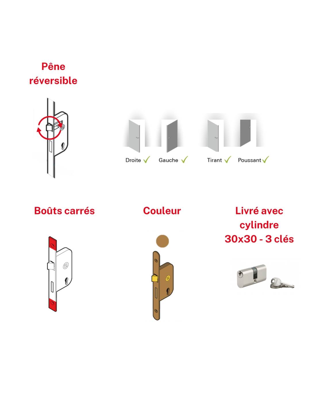 Serrure encastrable pour porte d'entrée avec cylindre en 30x30mm, axe 14mm, 3 clés - THIRARD - Image 6