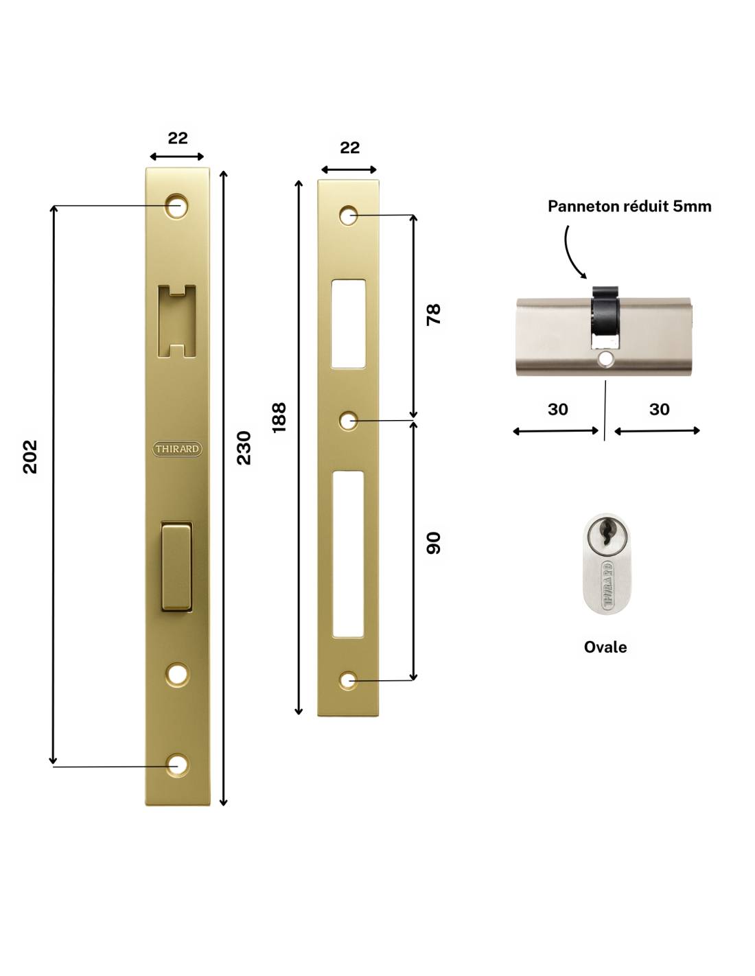 Serrure encastrable pour porte d'entrée avec cylindre en 30x30mm, axe 14mm, 3 clés  - THIRARD - Image 3