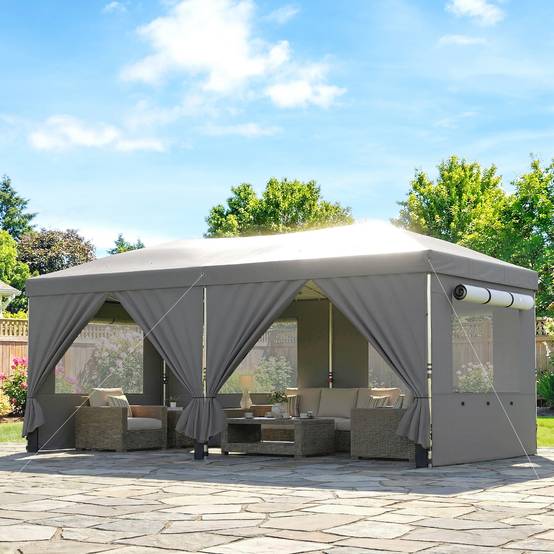 Tonnelle pliante métal et tissu Oxford gris foncé 590 x 297 x 285 cm - PANGIVO - Image 4