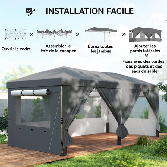 Tonnelle pliante métal et tissu Oxford gris foncé 590 x 297 x 285 cm - PANGIVO - Image 10