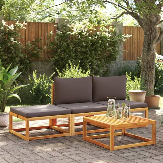 Ensemble de Jardin Compact 4 Pièces en Bois d'Acacia et Rotin Tressé avec Pouf pour Terrasse Gris – ComfortXL Outdoor Living - Image 1