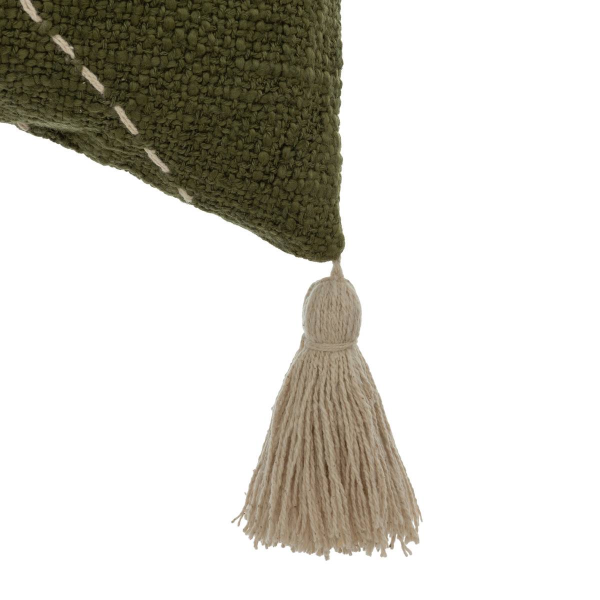 Coussin décoratif en Coton Vert Kaki motifs brodés avec 4 pompons 45 x 45 cm - Imagen 2