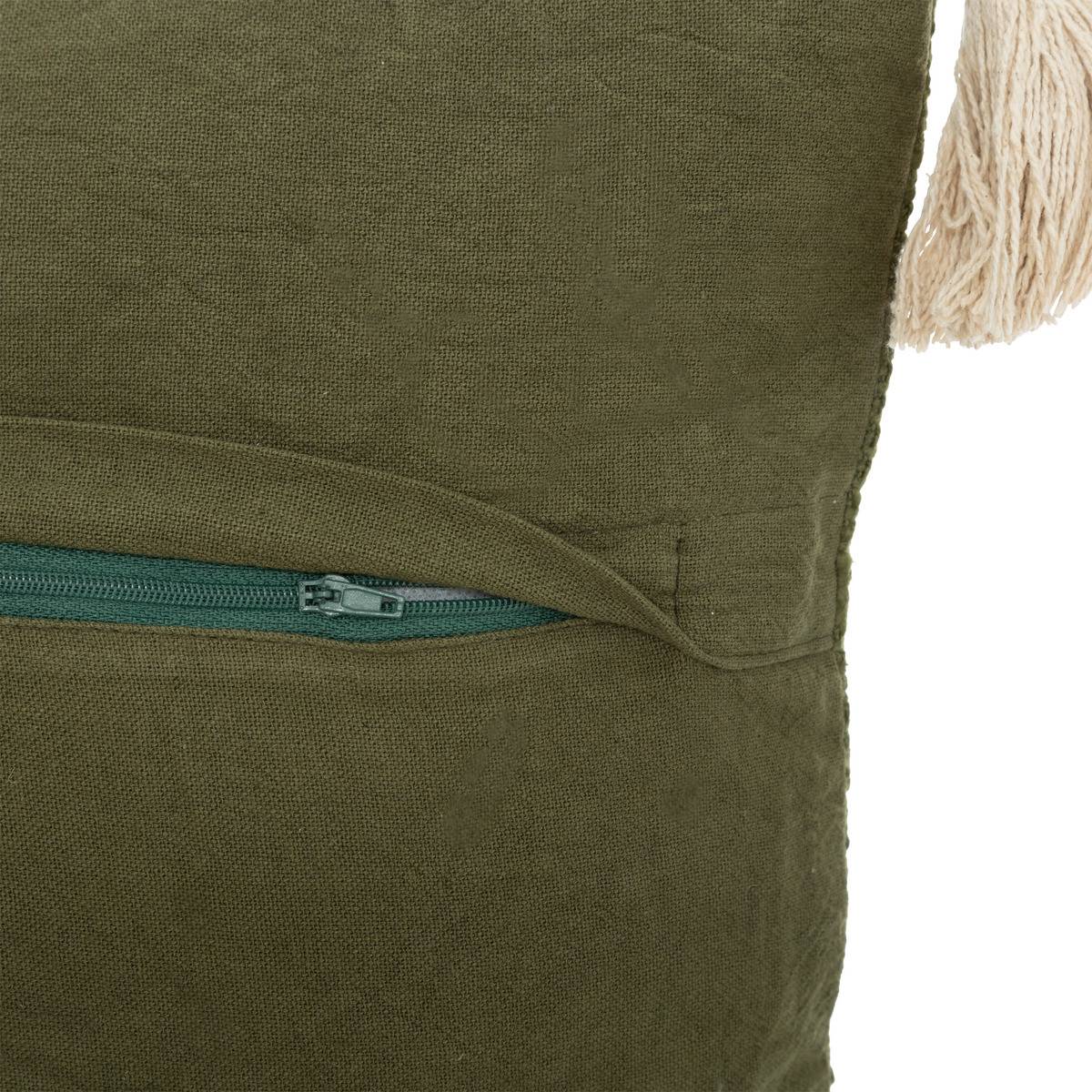 Coussin décoratif en Coton Vert Kaki motifs brodés avec 4 pompons 45 x 45 cm - Imagen 3