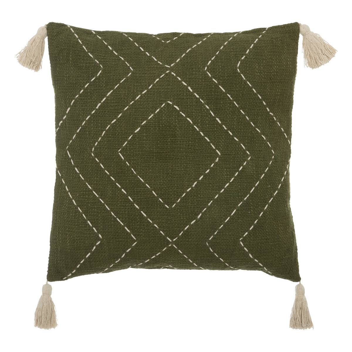 Coussin décoratif en Coton Vert Kaki motifs brodés avec 4 pompons 45 x 45 cm - Imagen 1
