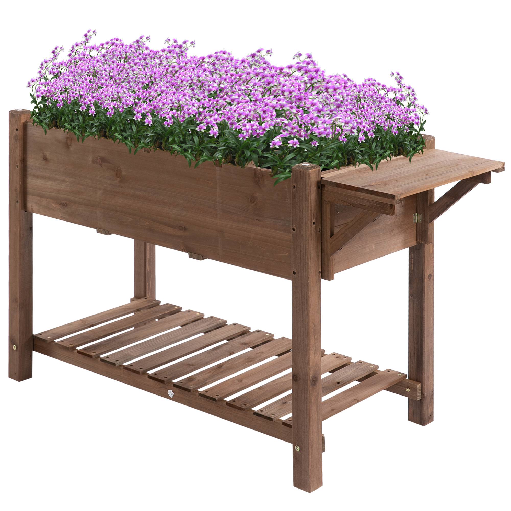 ComfortXL - Carré potager surélevé en bois de sapin 123 x 54 x 80 cm marron pour balcon et jardin avec tablette pliante - Image 2