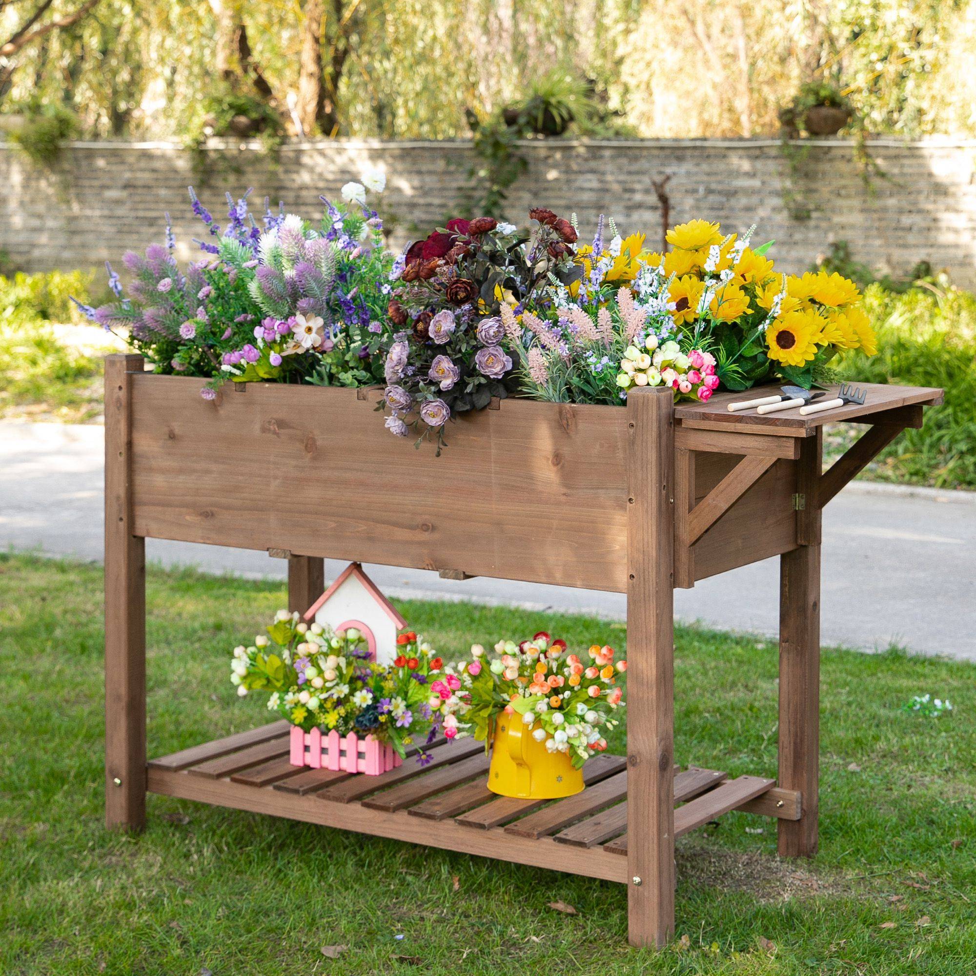 ComfortXL - Carré potager surélevé en bois de sapin 123 x 54 x 80 cm marron pour balcon et jardin avec tablette pliante