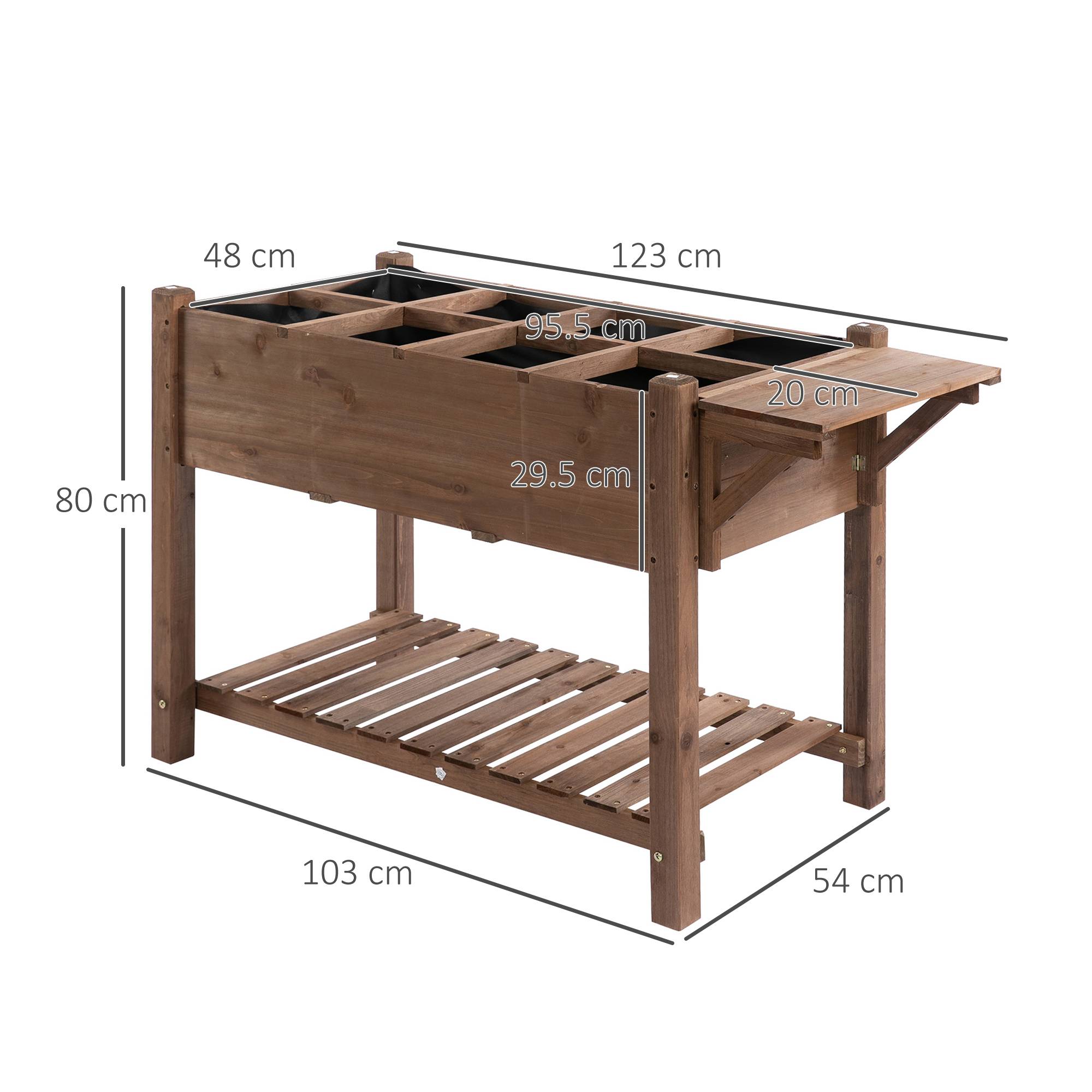 ComfortXL - Carré potager surélevé en bois de sapin 123 x 54 x 80 cm marron pour balcon et jardin avec tablette pliante - Image 3