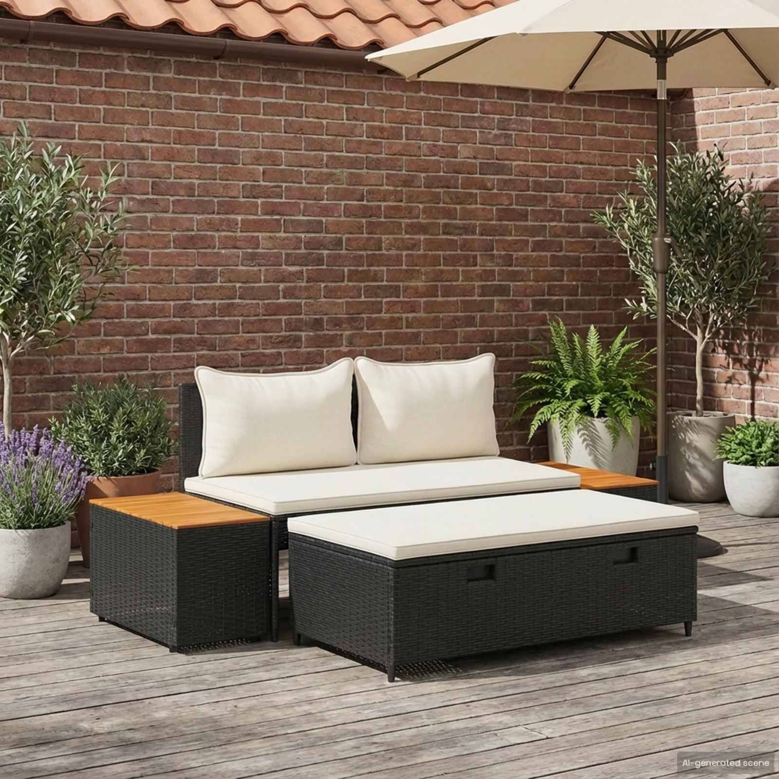 Ensemble de canapés de jardin résine tressée et acier noir et blanc crème 110 x 57 x 73 cm - PANGIVO - Image 3