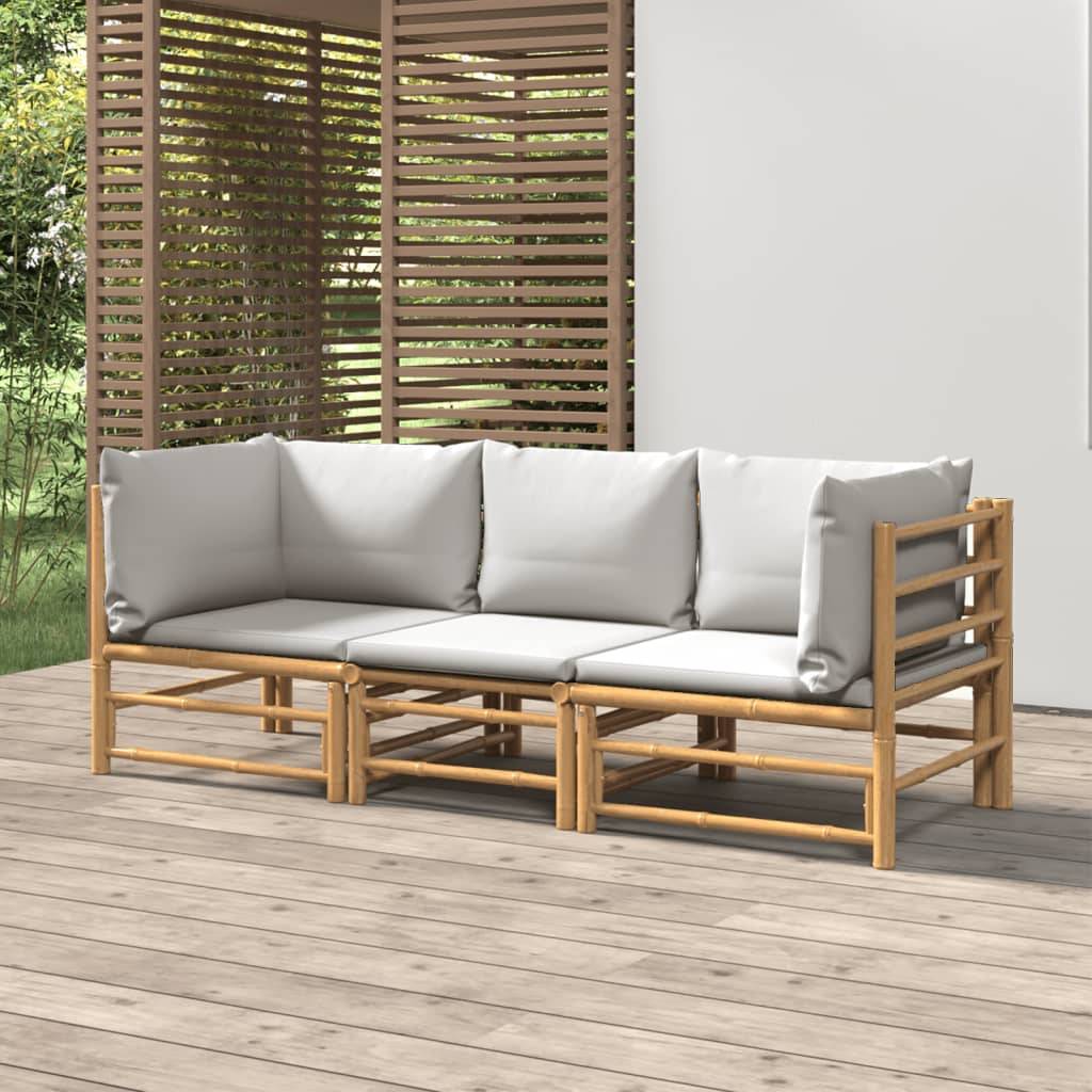 Ensemble Canapé Jardin Bambou 3 pcs Coussins Gris Clair Sectionnel – ComfortXL Outdoor Living - Image 1