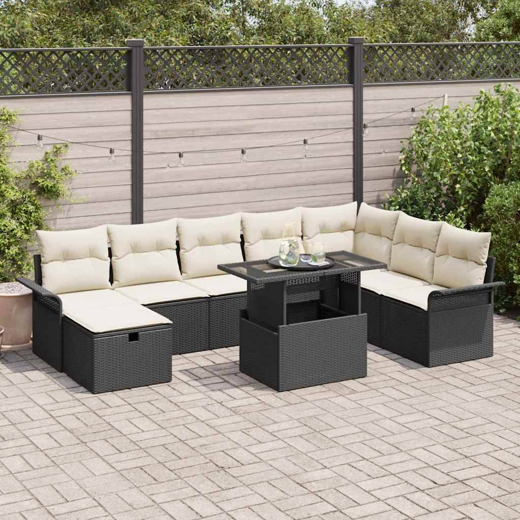 Salon de jardin 8 places Poly rotin Modulaire avec Rangement et Table Verre pour Terrasse Noir – ComfortXL Outdoor Living - Image 1