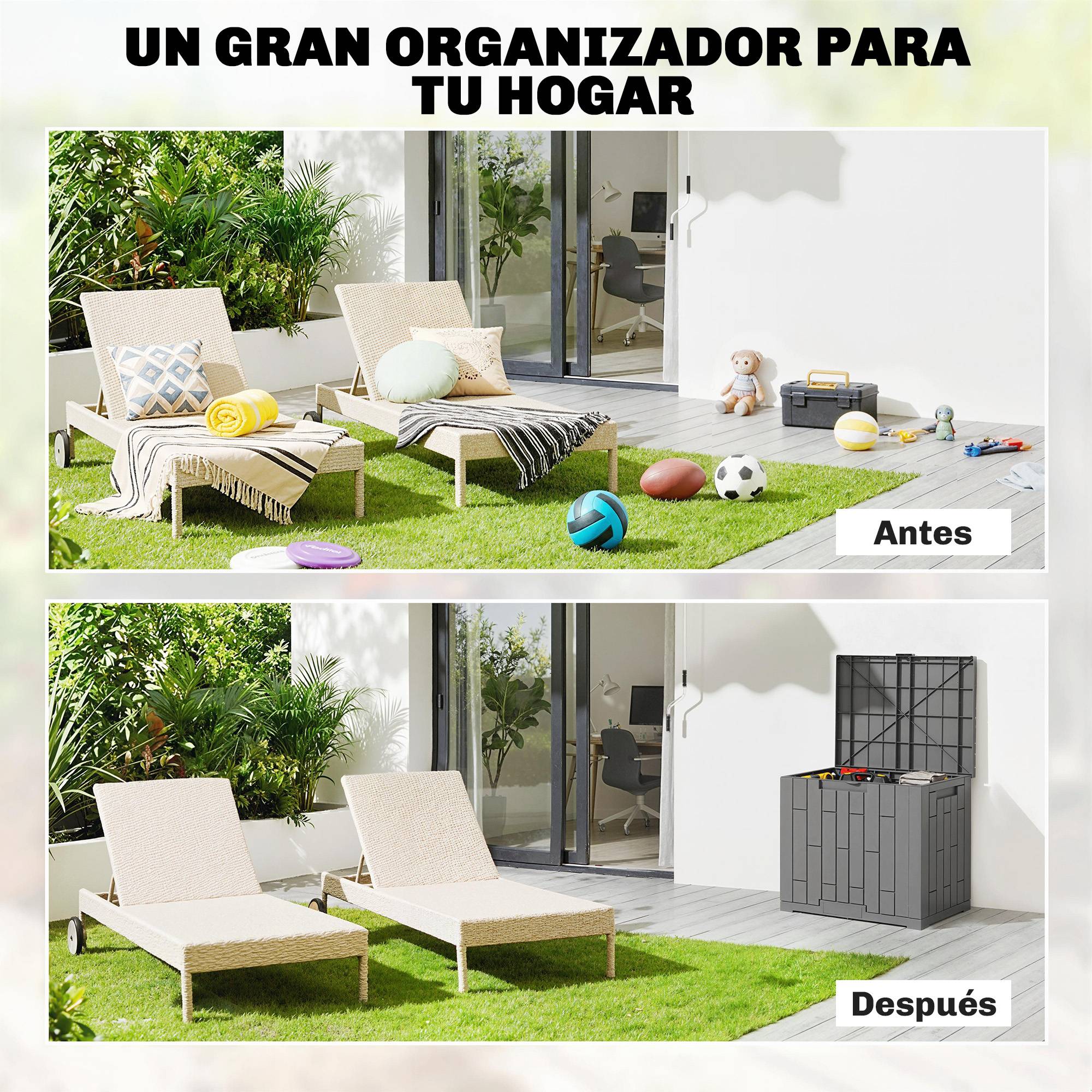 Petit Coffre Rangement Extérieur Résine Effet Bois Anti-UV 114L 56x44x54cm Gris - ComfortXL Outdoor Living - Image 6
