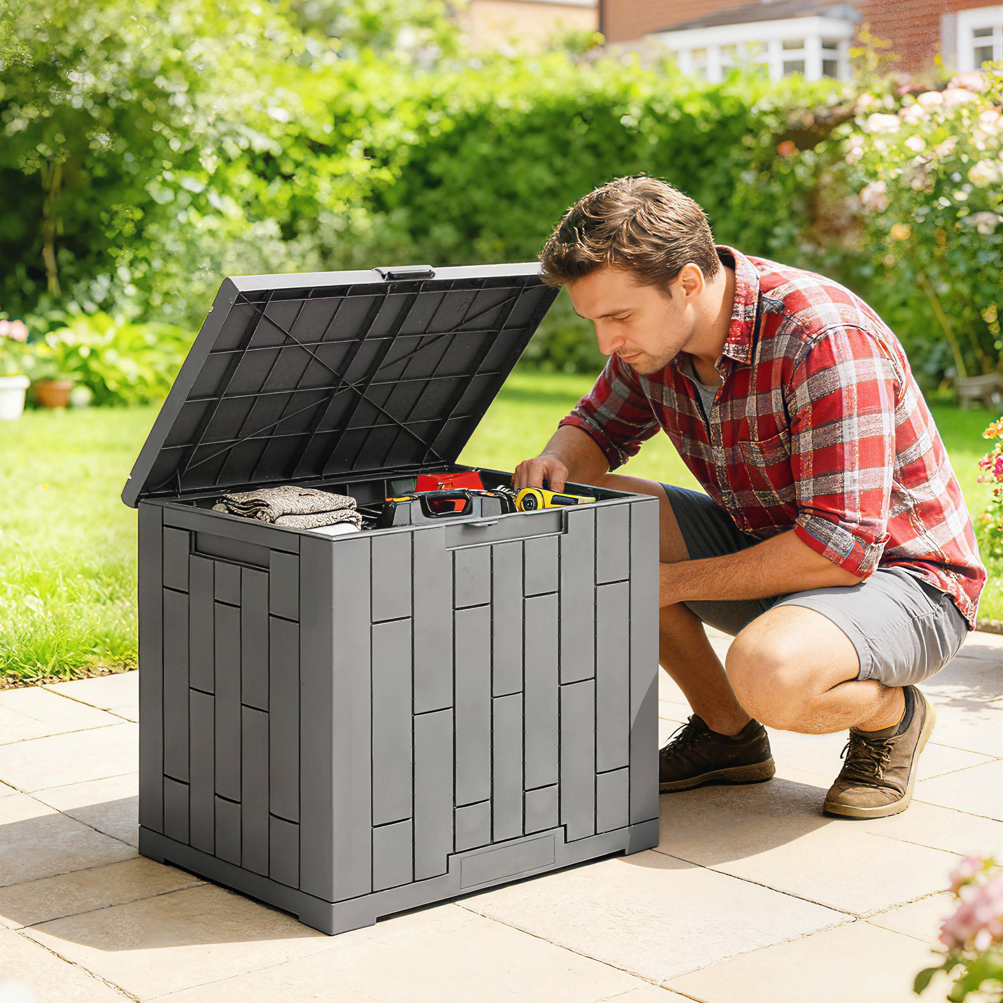 Petit Coffre Rangement Extérieur Résine Effet Bois Anti-UV 114L 56x44x54cm Gris - ComfortXL Outdoor Living - Image 4
