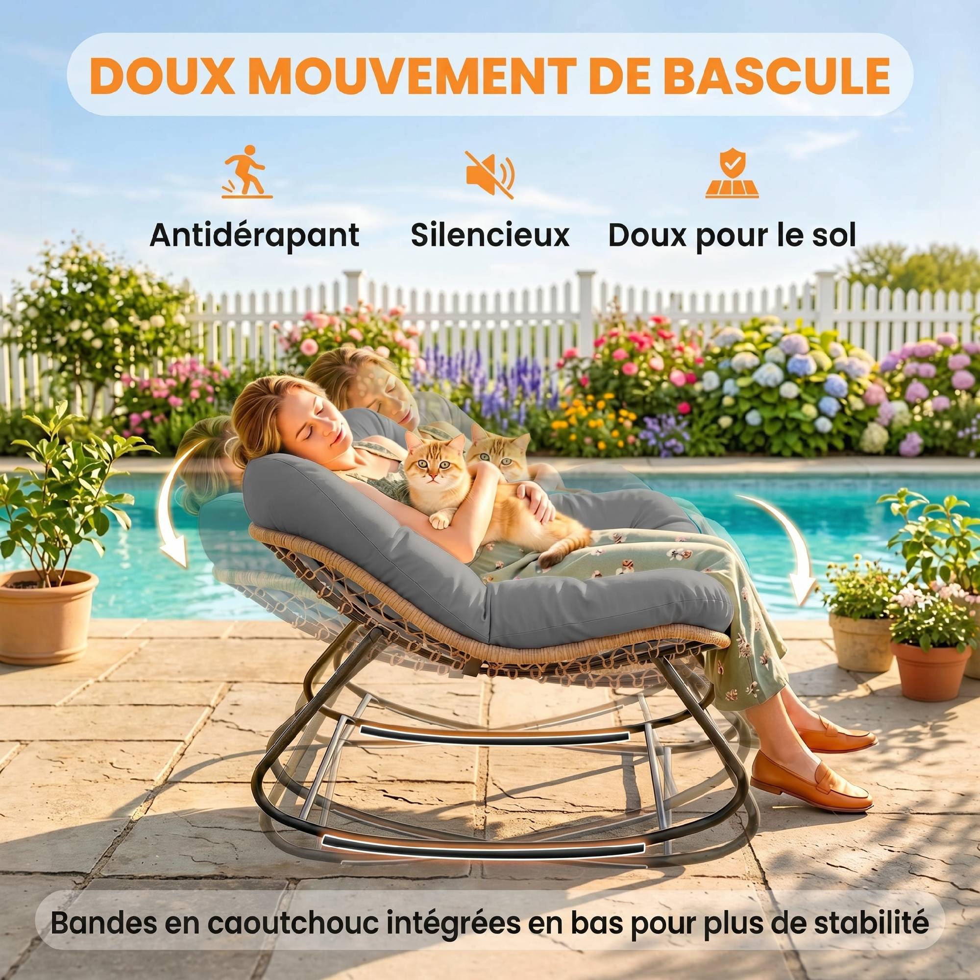 Fauteuil à bascule acier et résine tressée gris 107 x 97 x 79 cm - PANGIVO - Image 8