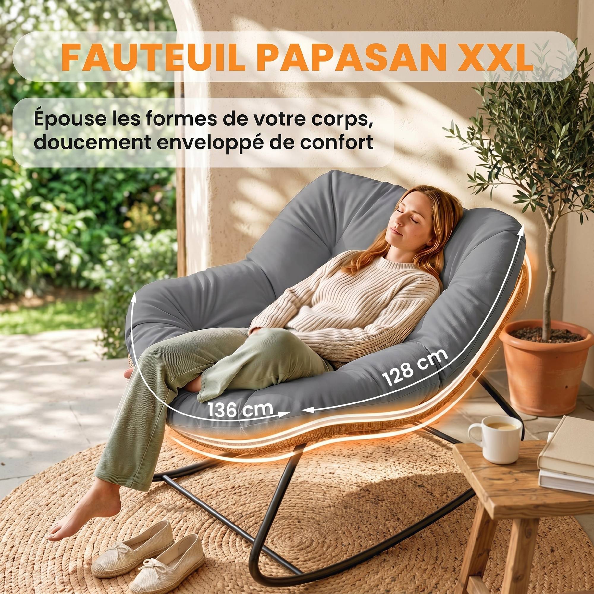 Fauteuil à bascule acier et résine tressée gris 107 x 97 x 79 cm - PANGIVO - Image 6
