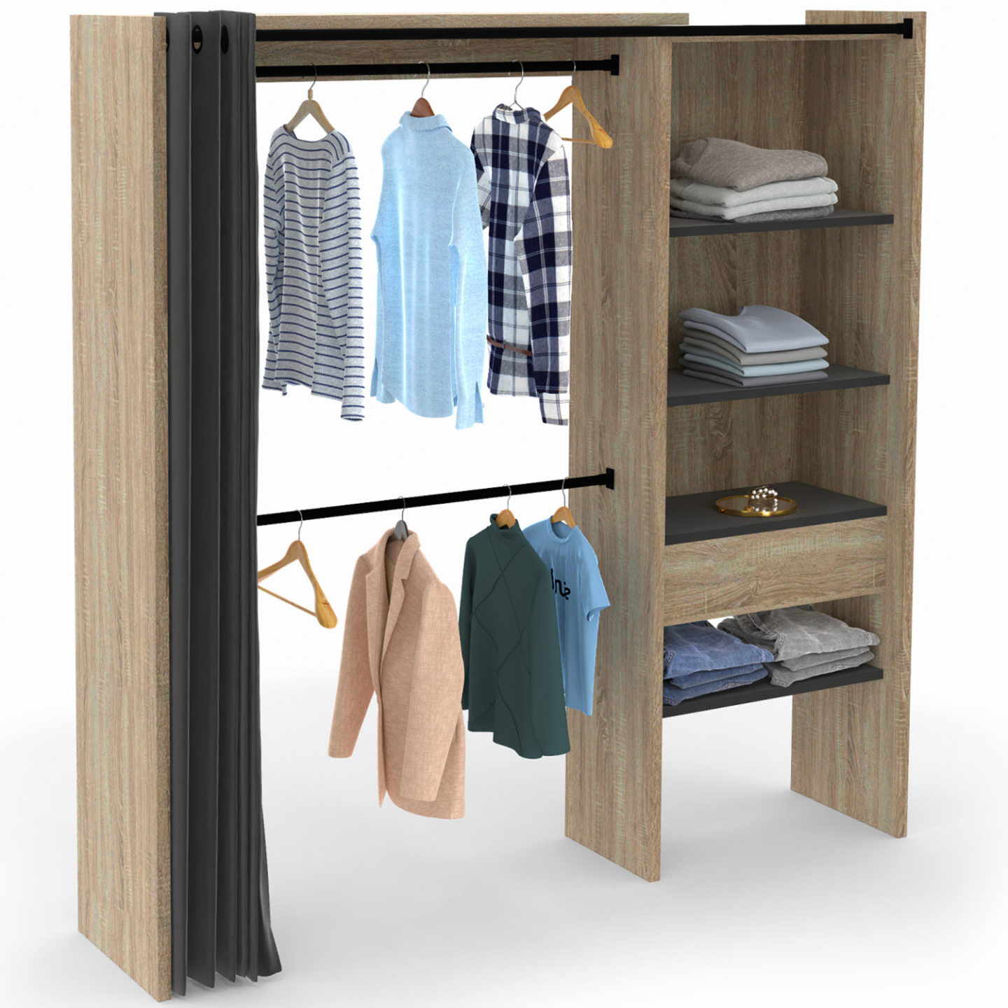 Dressing extensible MARTY 120/170 x 50 x 180 cm hêtre avec étagères + double penderie + rideau noir - Image 2