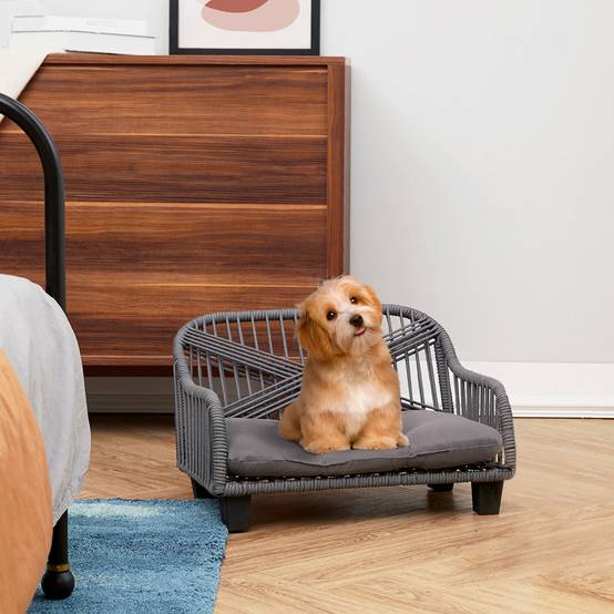 Canapé gris en corde tressée avec coussin lavable pour petit animal - Image 1