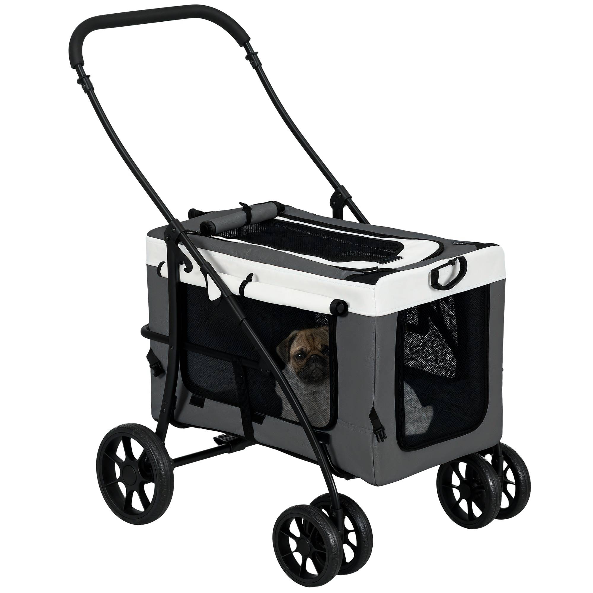 Sans Marque - Poussette pliable animaux chien chat nacelle amovible bandoulières 4 roues 81x58x97,5 cm gris - Image 1