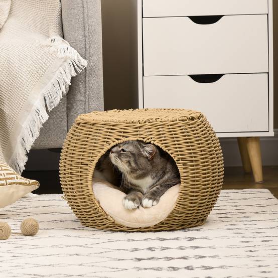 Niche panier maison pour chat 2 niveaux en résine tressée aspect rotin avec 1 coussin doux Ø 40 x 30 cm marron clair - Image 3