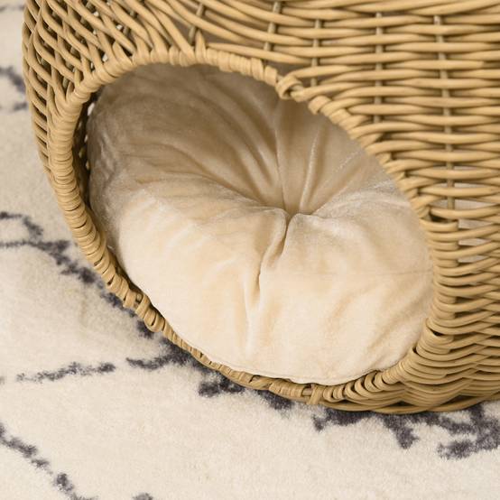 Niche panier maison pour chat 2 niveaux en résine tressée aspect rotin avec 1 coussin doux Ø 40 x 30 cm marron clair - Image 10