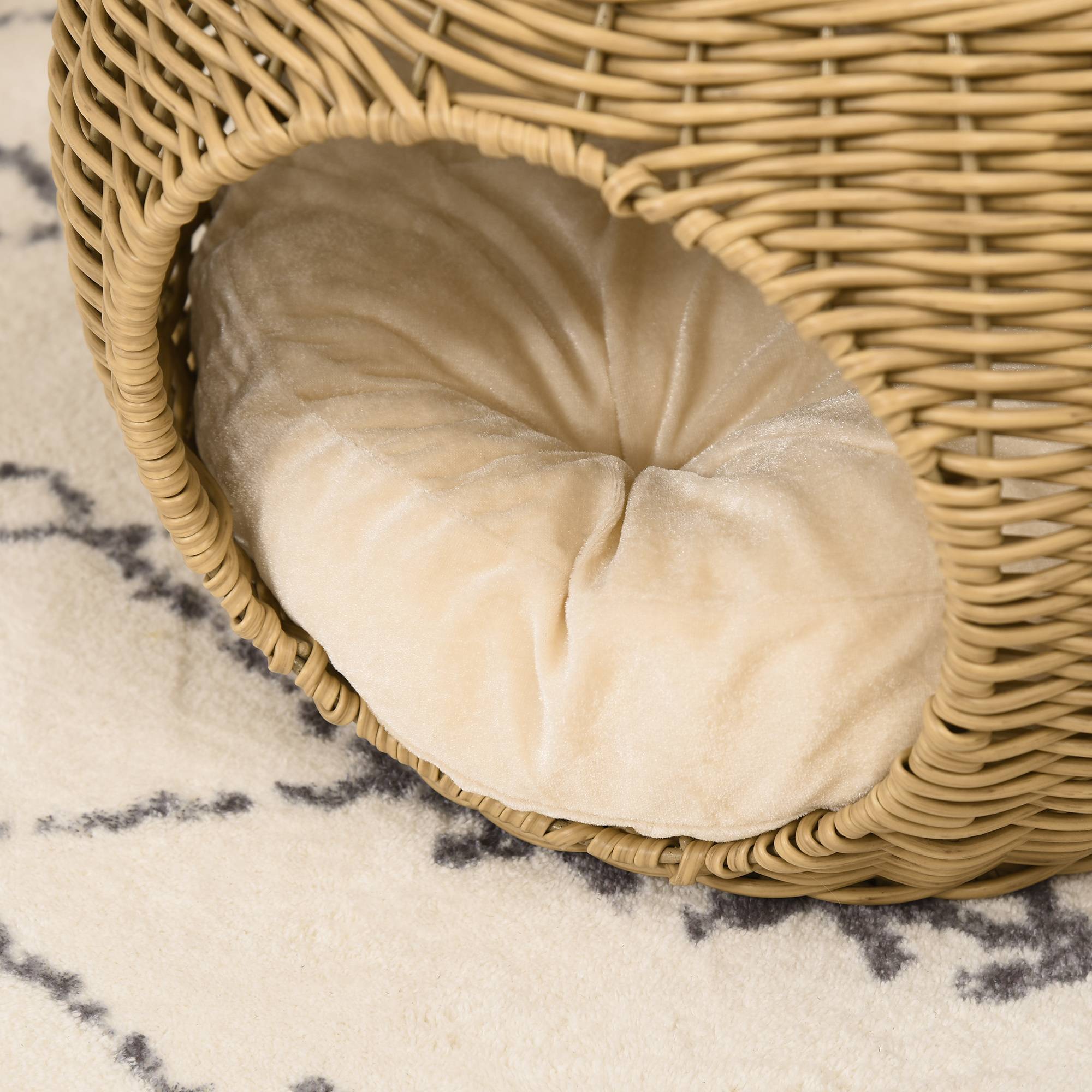 Niche panier maison pour chat 2 niveaux en résine tressée aspect rotin avec 1 coussin doux Ø 40 x 30 cm marron clair - Image 10