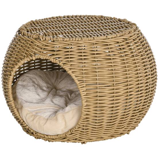 Niche panier maison pour chat 2 niveaux en résine tressée aspect rotin avec 1 coussin doux Ø 40 x 30 cm marron clair - Image 2