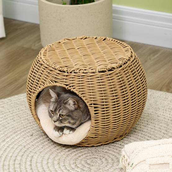 Niche panier maison pour chat 2 niveaux en résine tressée aspect rotin avec 1 coussin doux Ø 40 x 30 cm marron clair - Image 9