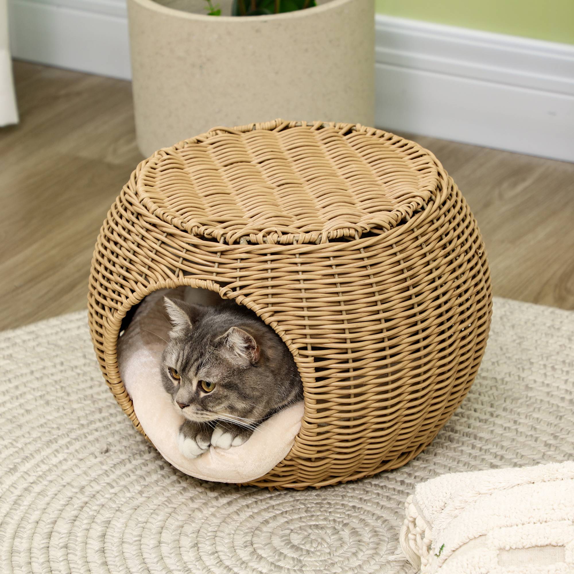 Niche panier maison pour chat 2 niveaux en résine tressée aspect rotin avec 1 coussin doux Ø 40 x 30 cm marron clair - Image 9