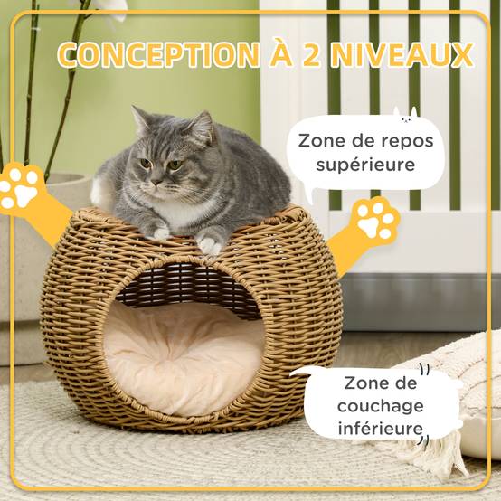 Niche panier maison pour chat 2 niveaux en résine tressée aspect rotin avec 1 coussin doux Ø 40 x 30 cm marron clair - Image 7