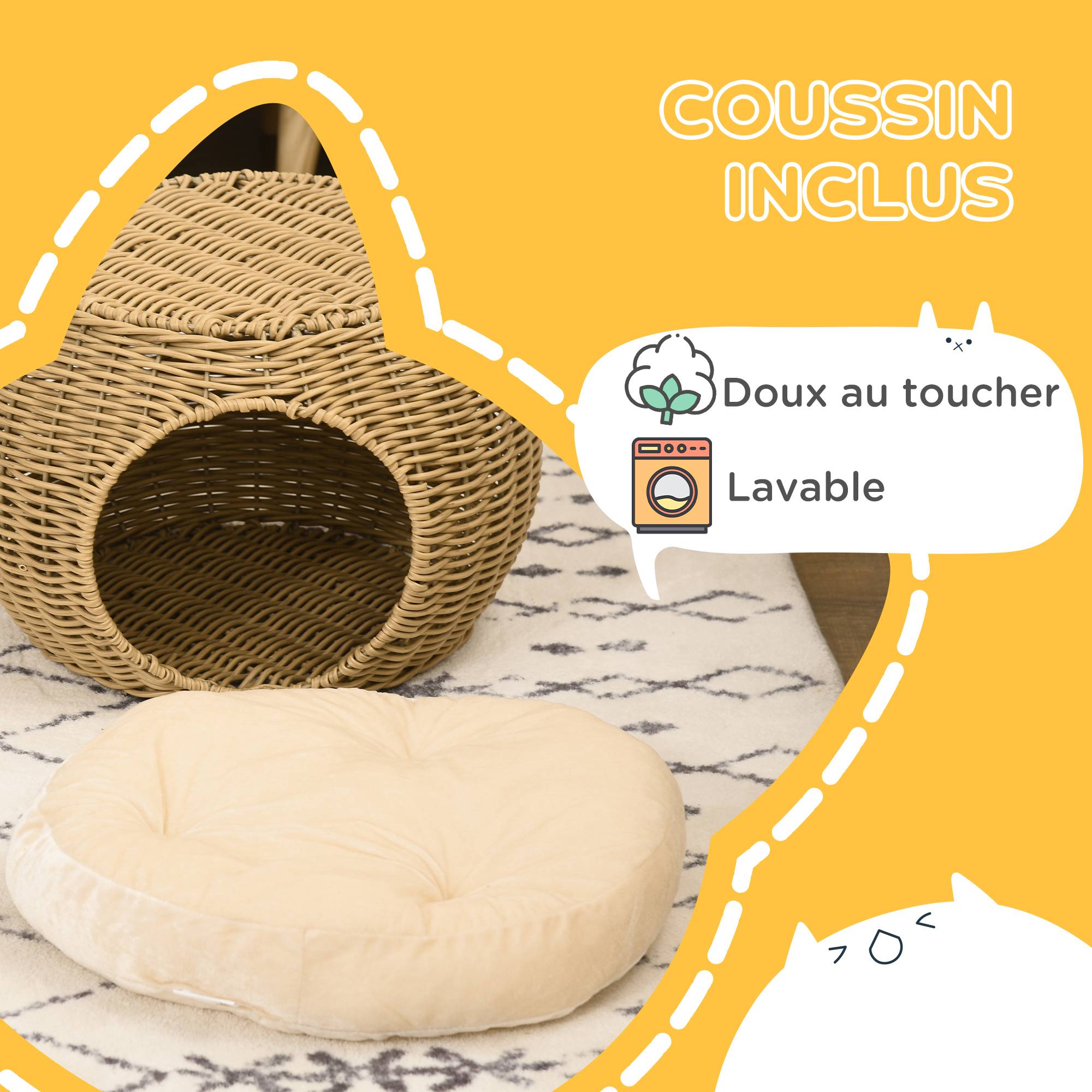 Niche panier maison pour chat 2 niveaux en résine tressée aspect rotin avec 1 coussin doux Ø 40 x 30 cm marron clair - Image 8