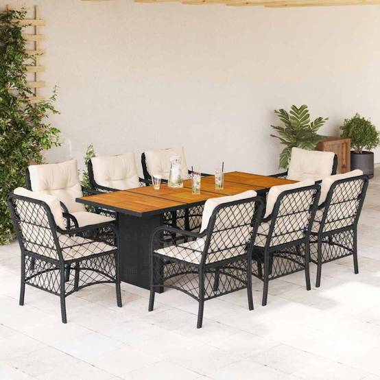Salon de Jardin 8 Personnes Résine Tressée Coussins Table Bois Acacia Noir – ComfortXL Outdoor Living - Image 1