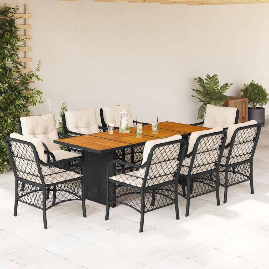 Salon de Jardin 8 Personnes Résine Tressée Coussins Table Bois Acacia Noir – ComfortXL Outdoor Living - Image 1