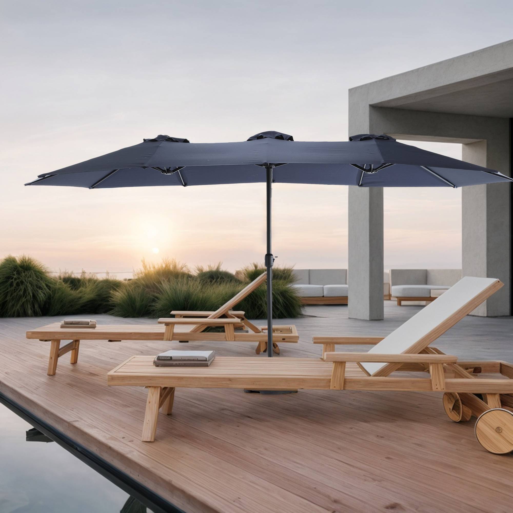ComfortXL - Parasol Double Rectangulaire XXL 453x267cm Manivelle Bleu Marine - ComfortXL Outdoor Living - Image 1