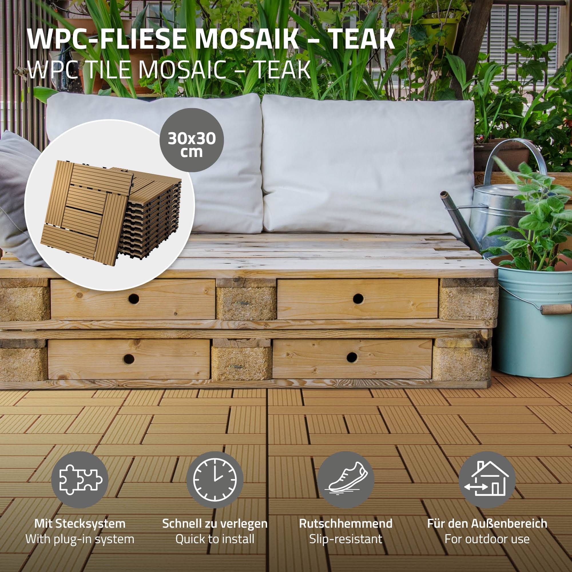 Ecd-Germany - Carreaux WPC de sol 30x30cm 4m² pour terrasse mosaïque teck - Imagen 2