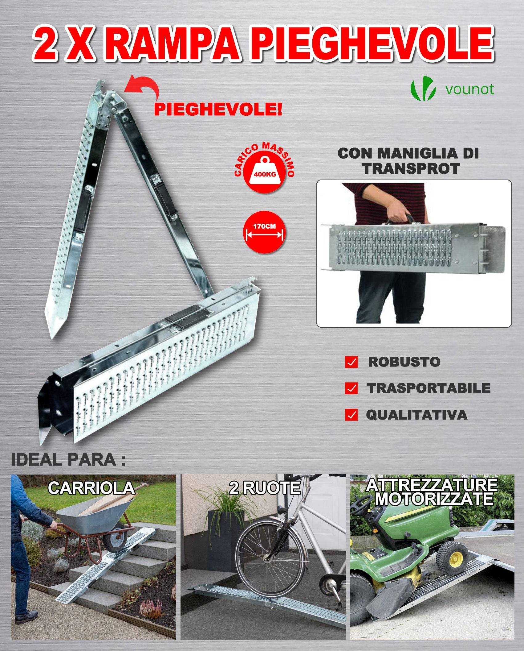 Lot de 2 Rampes de chargement pliable 160cm en acier galvanisé - 400kg max - Rampe d'accès antidérapante avec poignée - VOUNOT® - Image 5