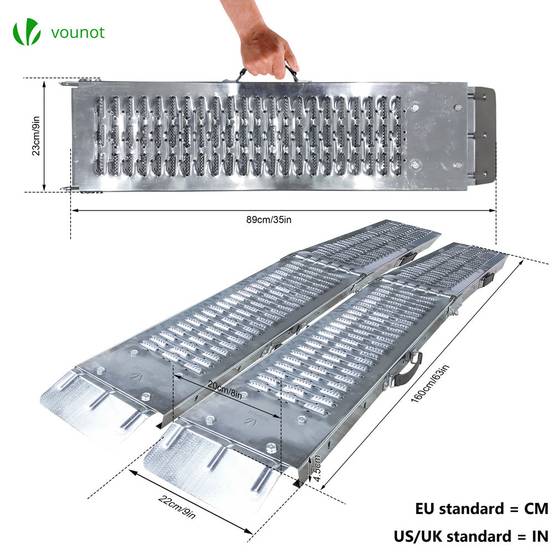 Lot de 2 Rampes de chargement pliable 160cm en acier galvanisé - 400kg max - Rampe d'accès antidérapante avec poignée - VOUNOT® - Image 3