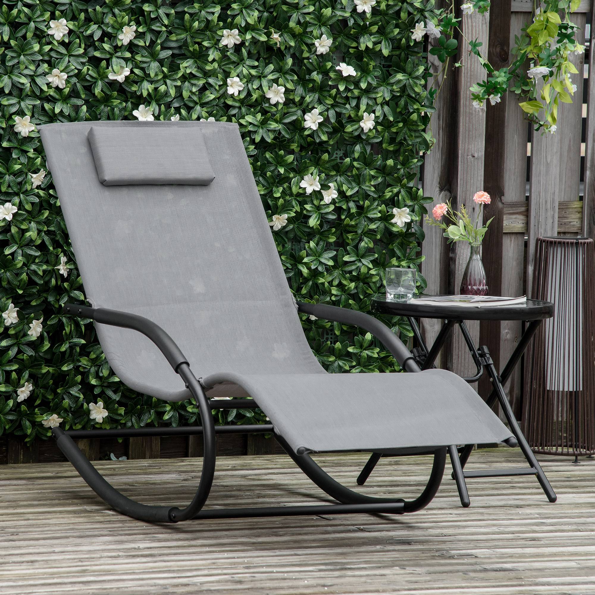Outsunny - Chaise longue à bascule rocking chair design acier époxy noir textilène gris - Outsunny - Image 2
