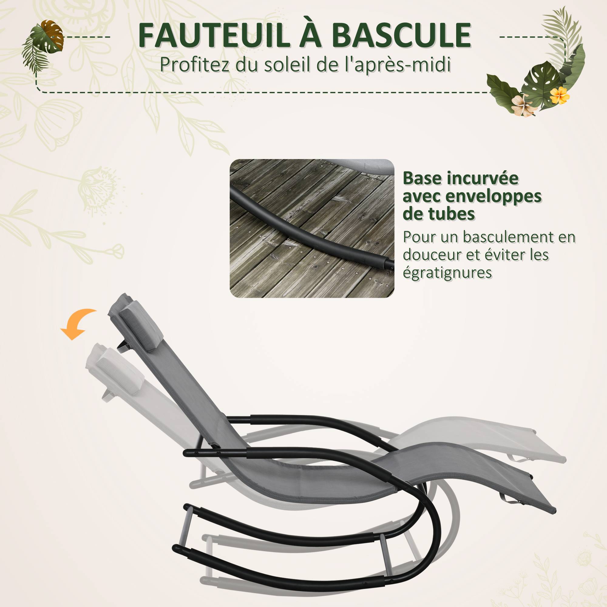 Outsunny - Chaise longue à bascule rocking chair design acier époxy noir textilène gris - Outsunny - Image 3