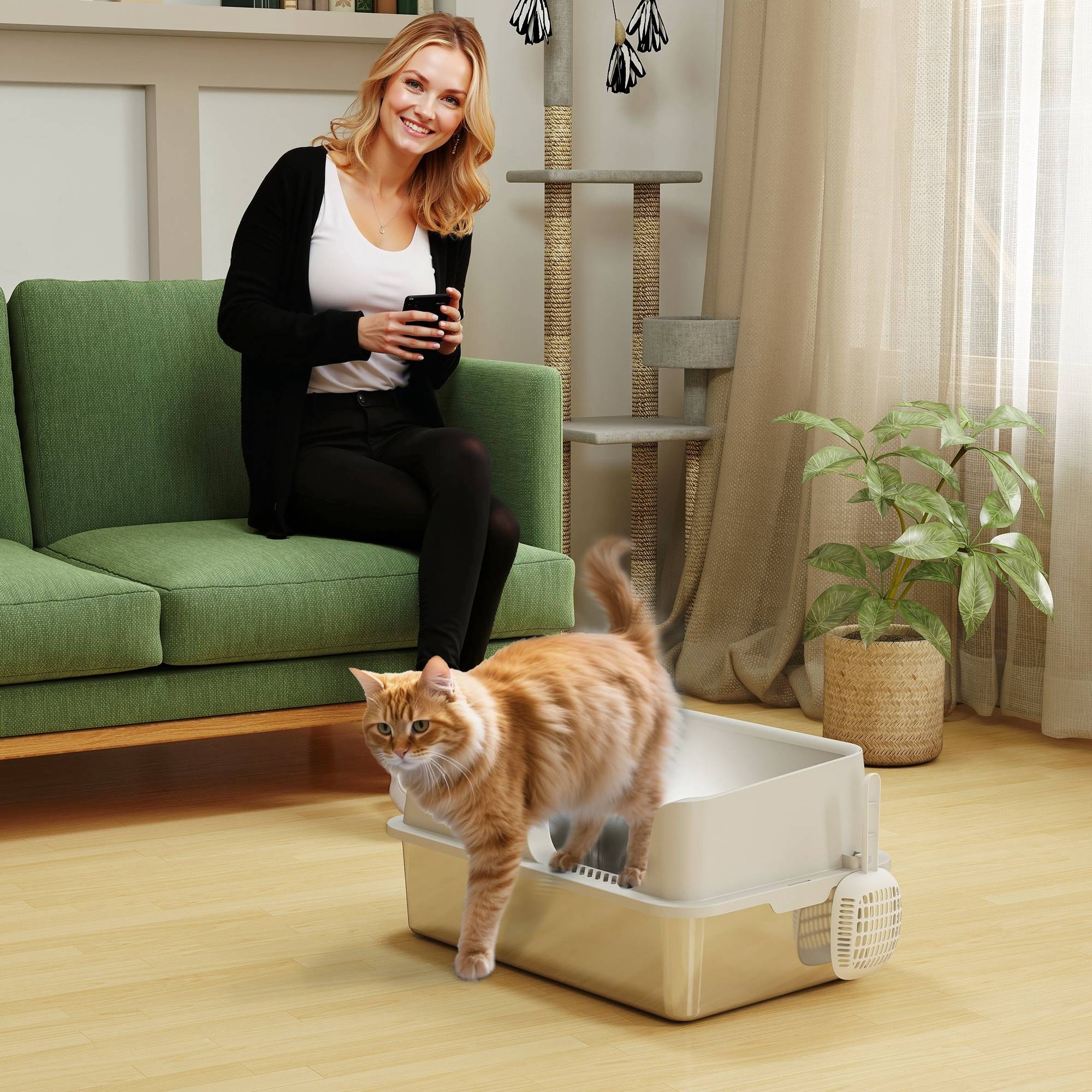 Litière chat acier inoxydable XL bac grands bords hauts pelle gris clair - Image 4