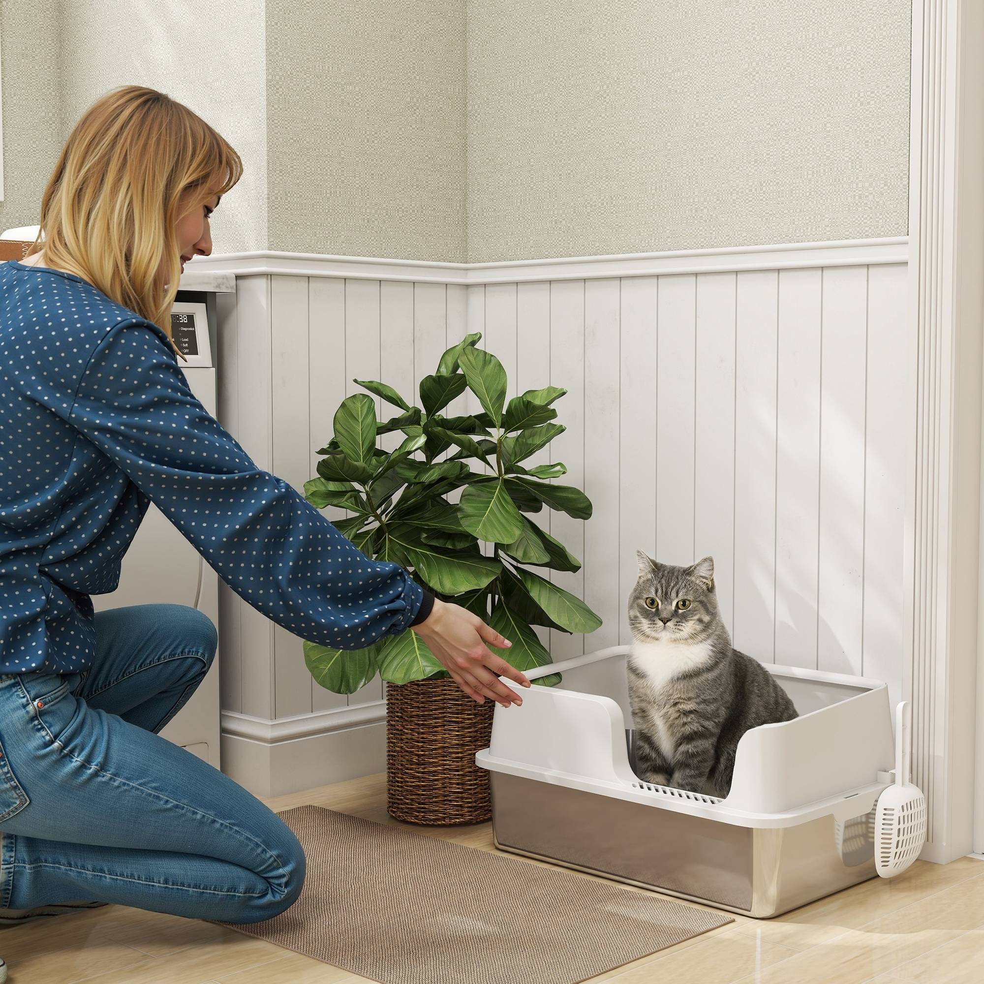 Litière chat acier inoxydable XL bac grands bords hauts pelle gris clair - Image 3