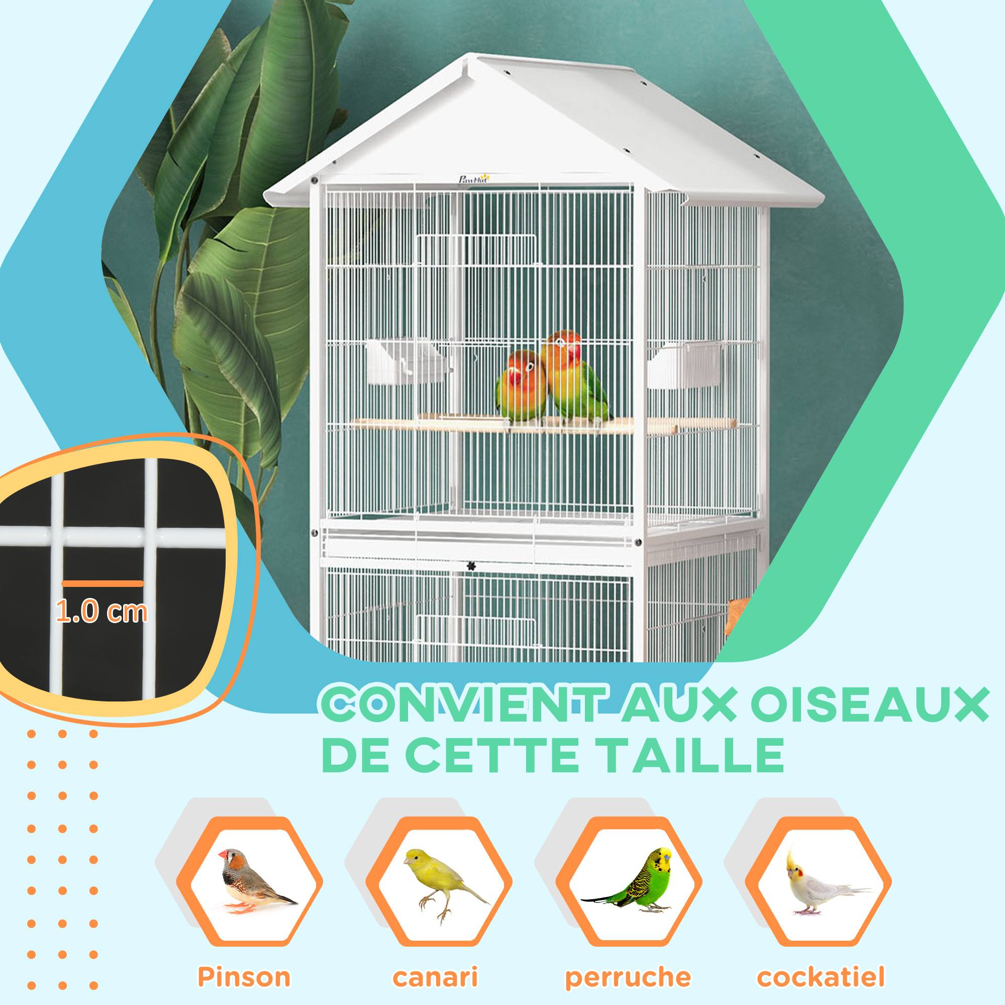 Pawhut - Volière cage à oiseaux sur roulettes design maison mangeoires perchoirs 10 portes plateaux excréments amovibles acier blanc - Imagen 6