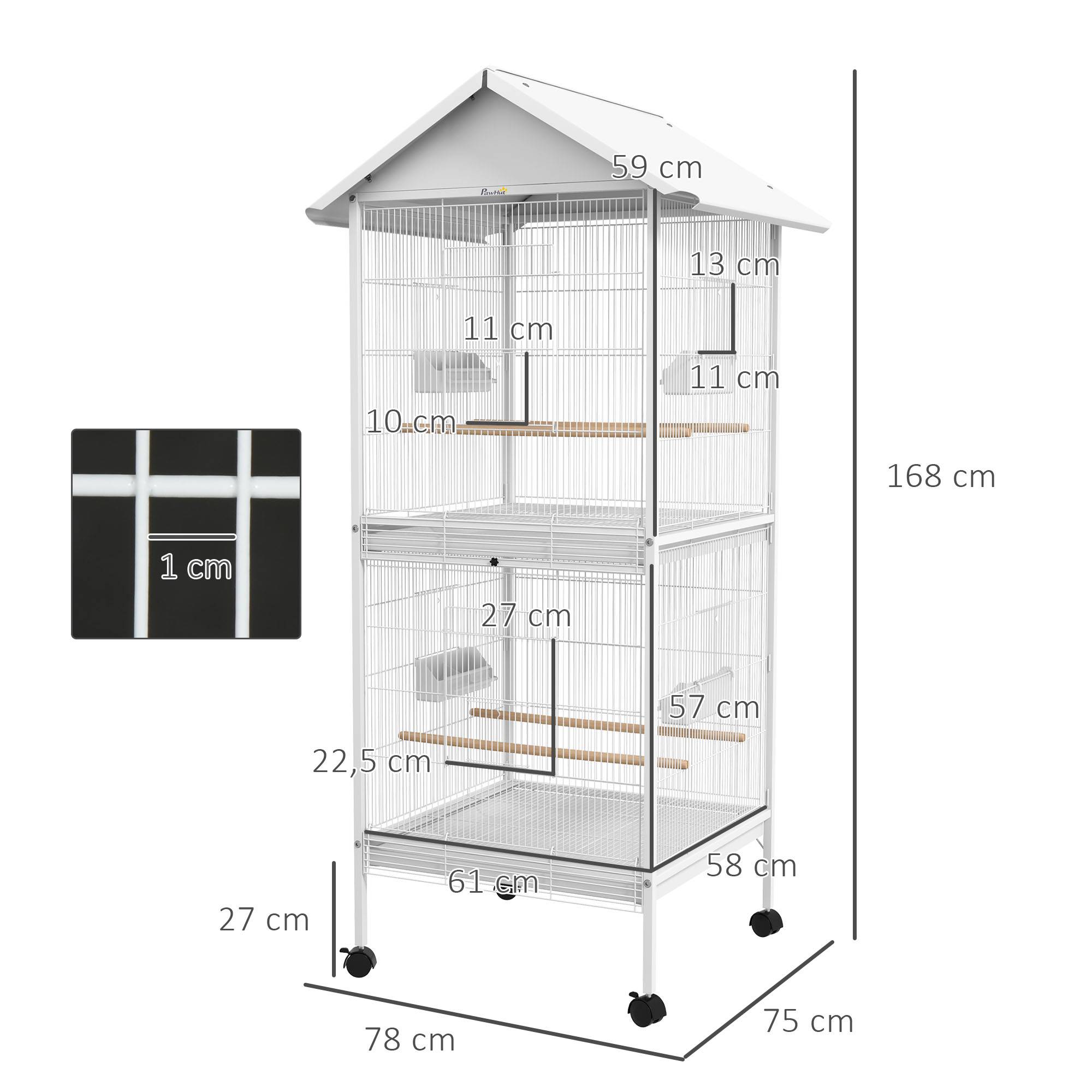 Pawhut - Volière cage à oiseaux sur roulettes design maison mangeoires perchoirs 10 portes plateaux excréments amovibles acier blanc - Imagen 3