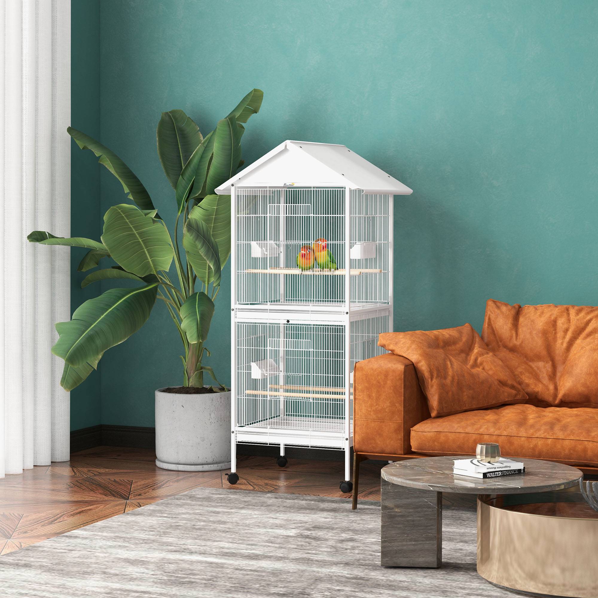 Pawhut - Volière cage à oiseaux sur roulettes design maison mangeoires perchoirs 10 portes plateaux excréments amovibles acier blanc - Imagen 2