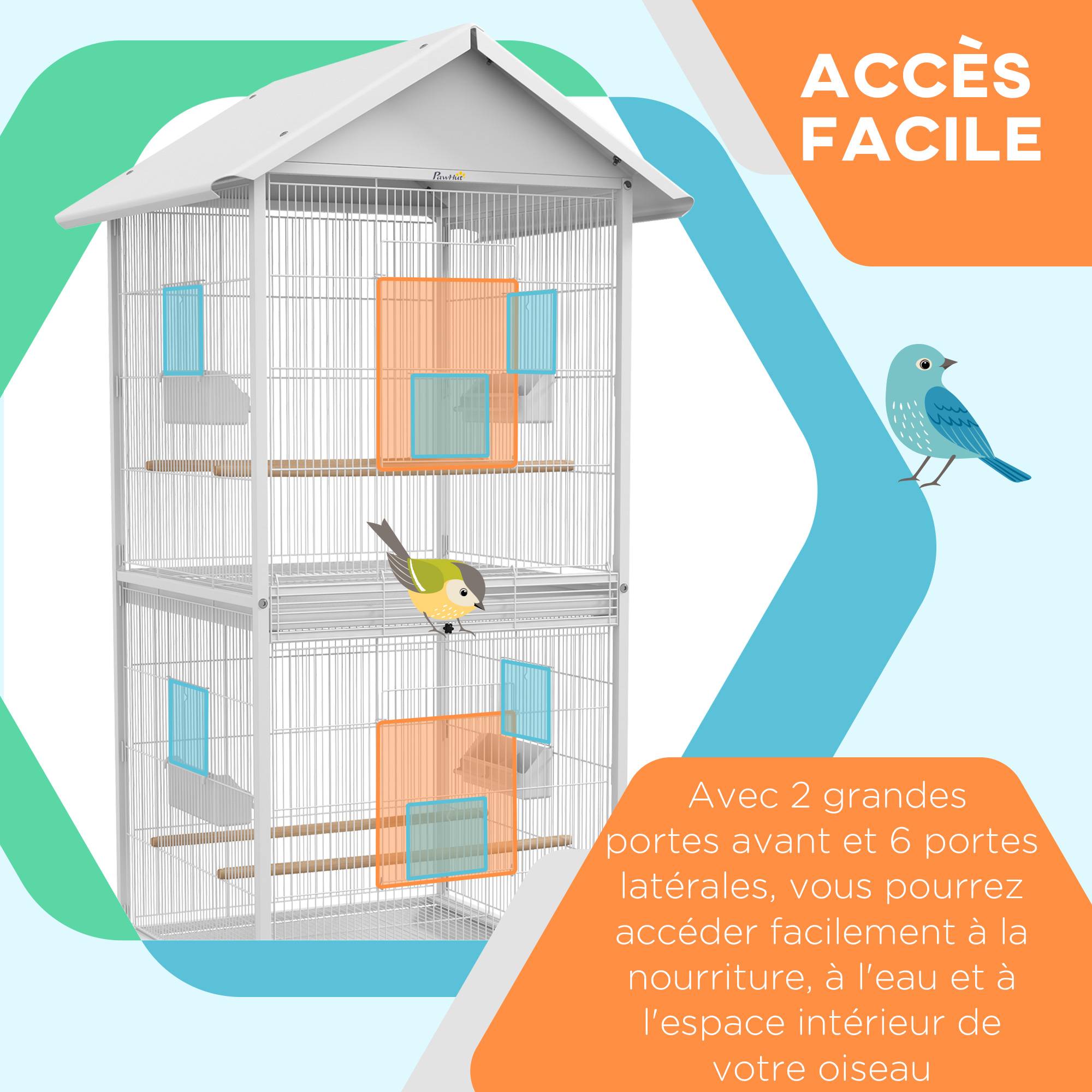 Pawhut - Volière cage à oiseaux sur roulettes design maison mangeoires perchoirs 10 portes plateaux excréments amovibles acier blanc - Imagen 5
