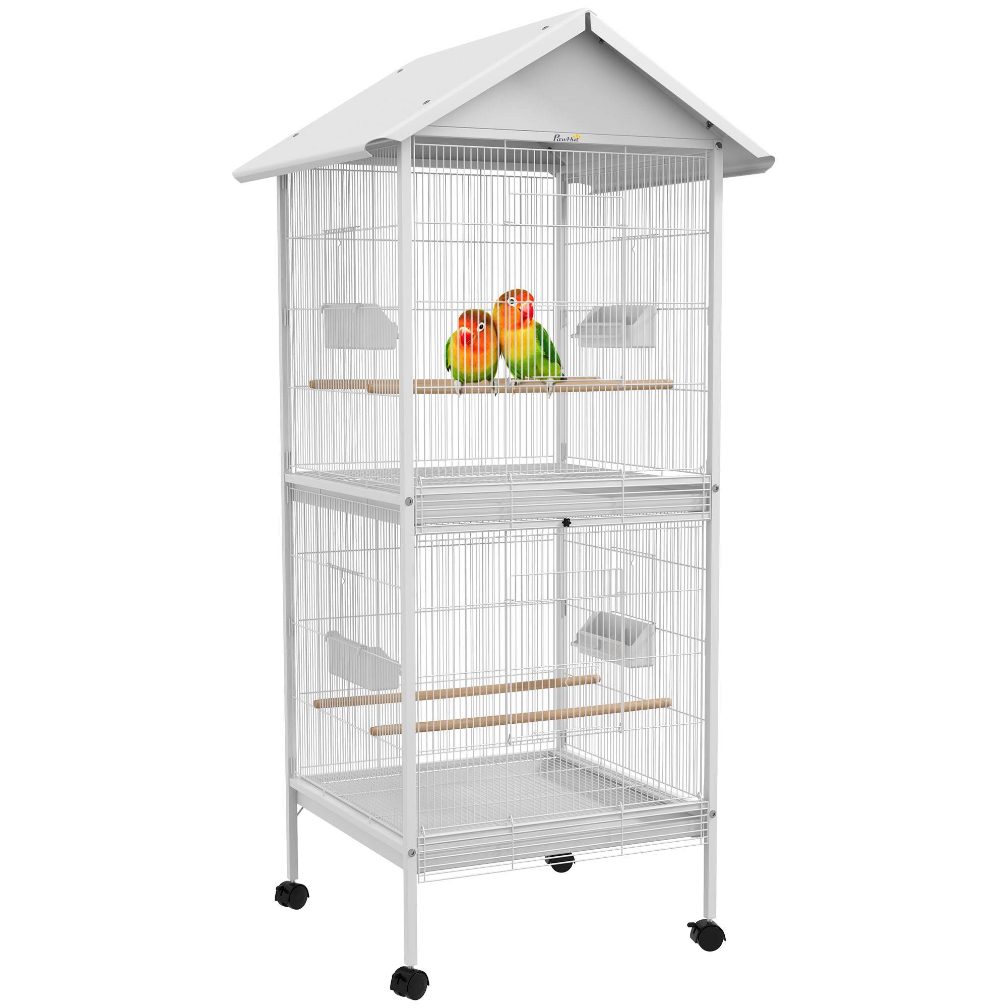 Pawhut - Volière cage à oiseaux sur roulettes design maison mangeoires perchoirs 10 portes plateaux excréments amovibles acier blanc - Imagen 1