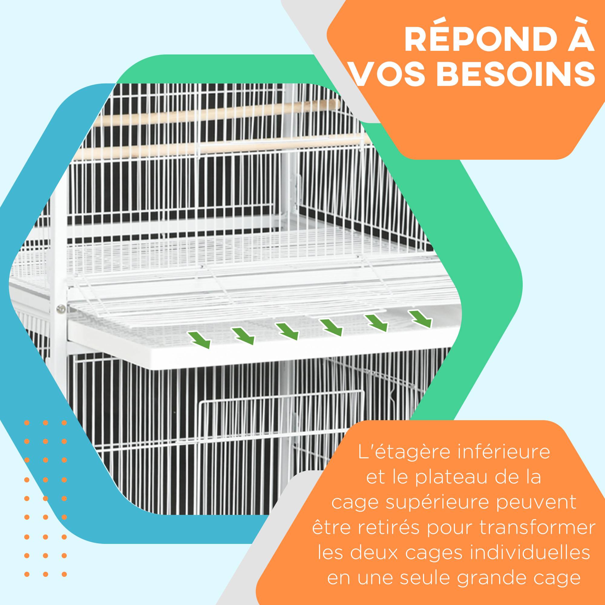 Pawhut - Volière cage à oiseaux sur roulettes design maison mangeoires perchoirs 10 portes plateaux excréments amovibles acier blanc - Imagen 7
