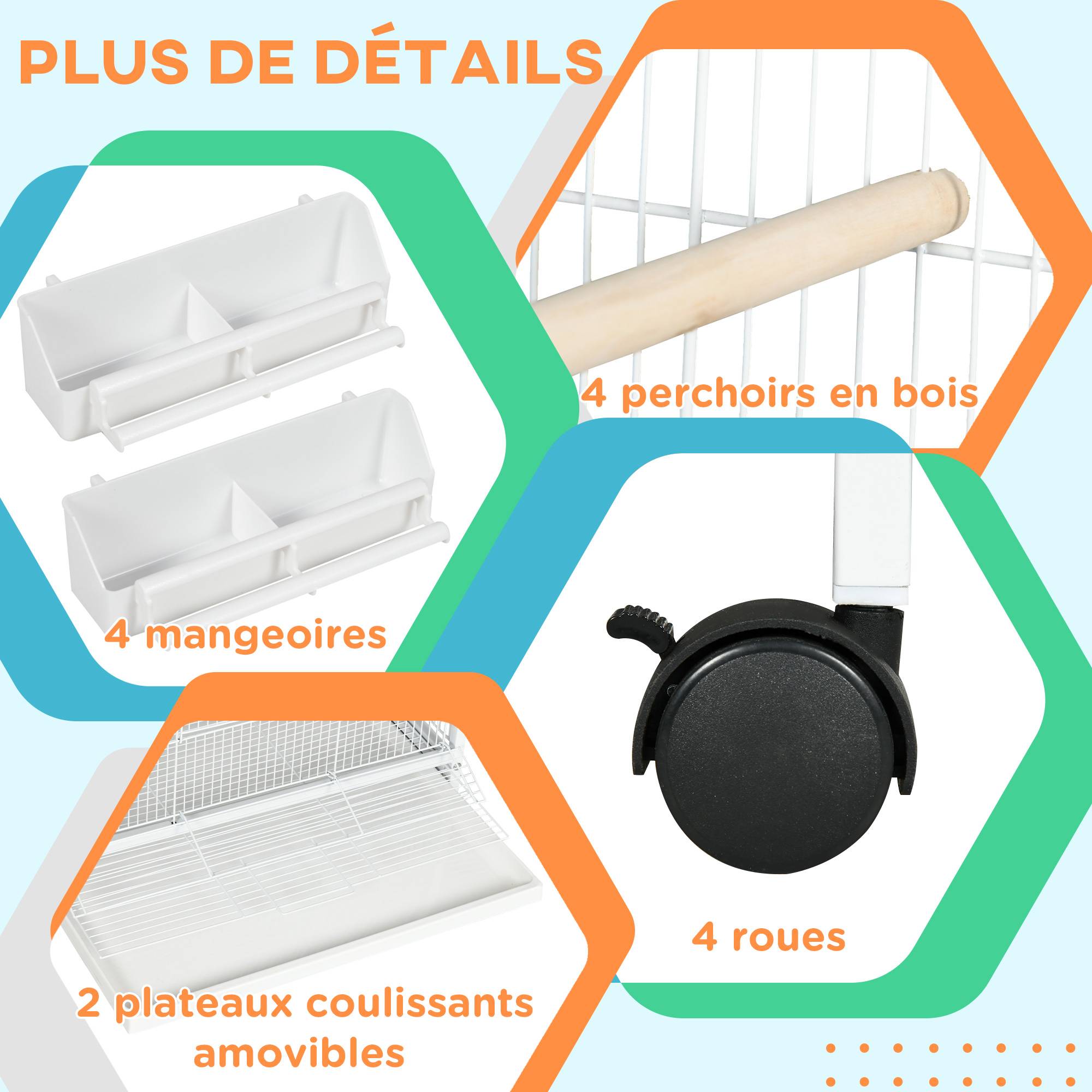 Pawhut - Volière cage à oiseaux sur roulettes design maison mangeoires perchoirs 10 portes plateaux excréments amovibles acier blanc - Imagen 4