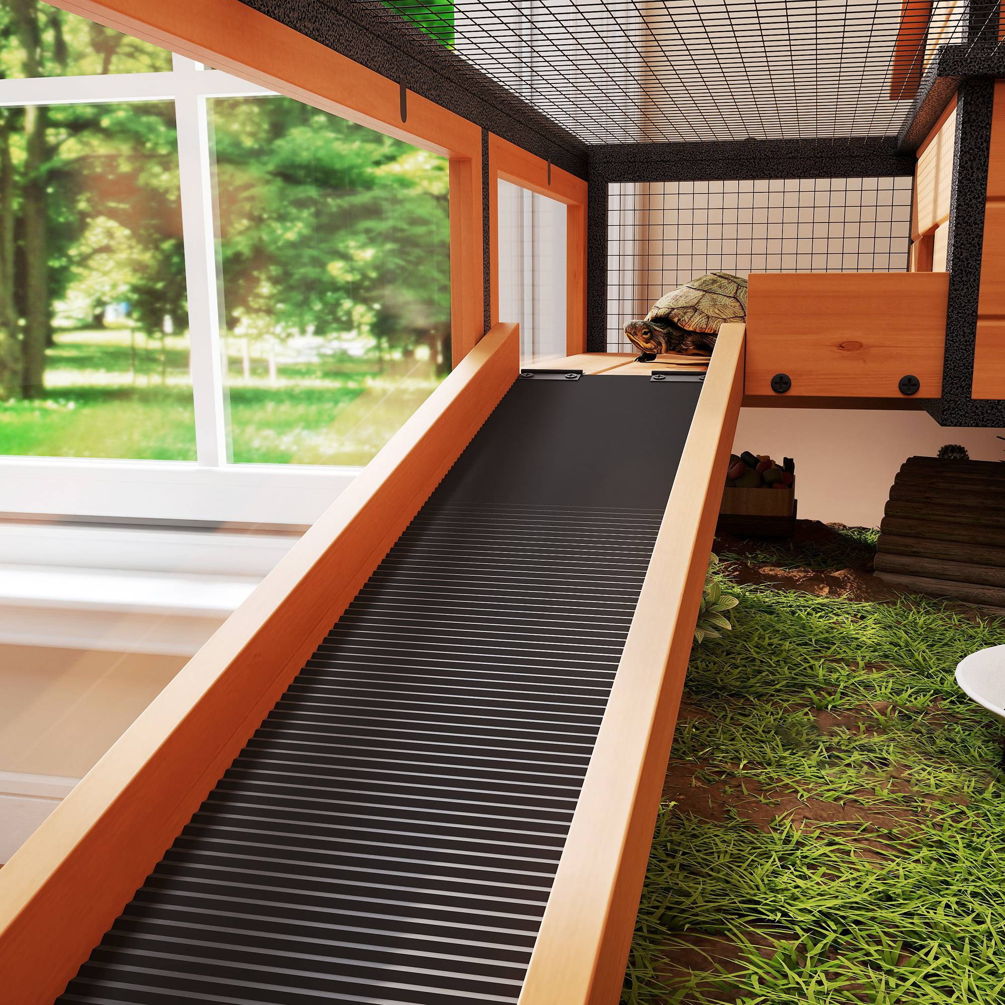 ComfortXL - Maison surélevée pour tortues en bois de sapin et acier jaune 128 x 63 x 96 cm à 2 niveaux avec toit ouvrant - Image 9