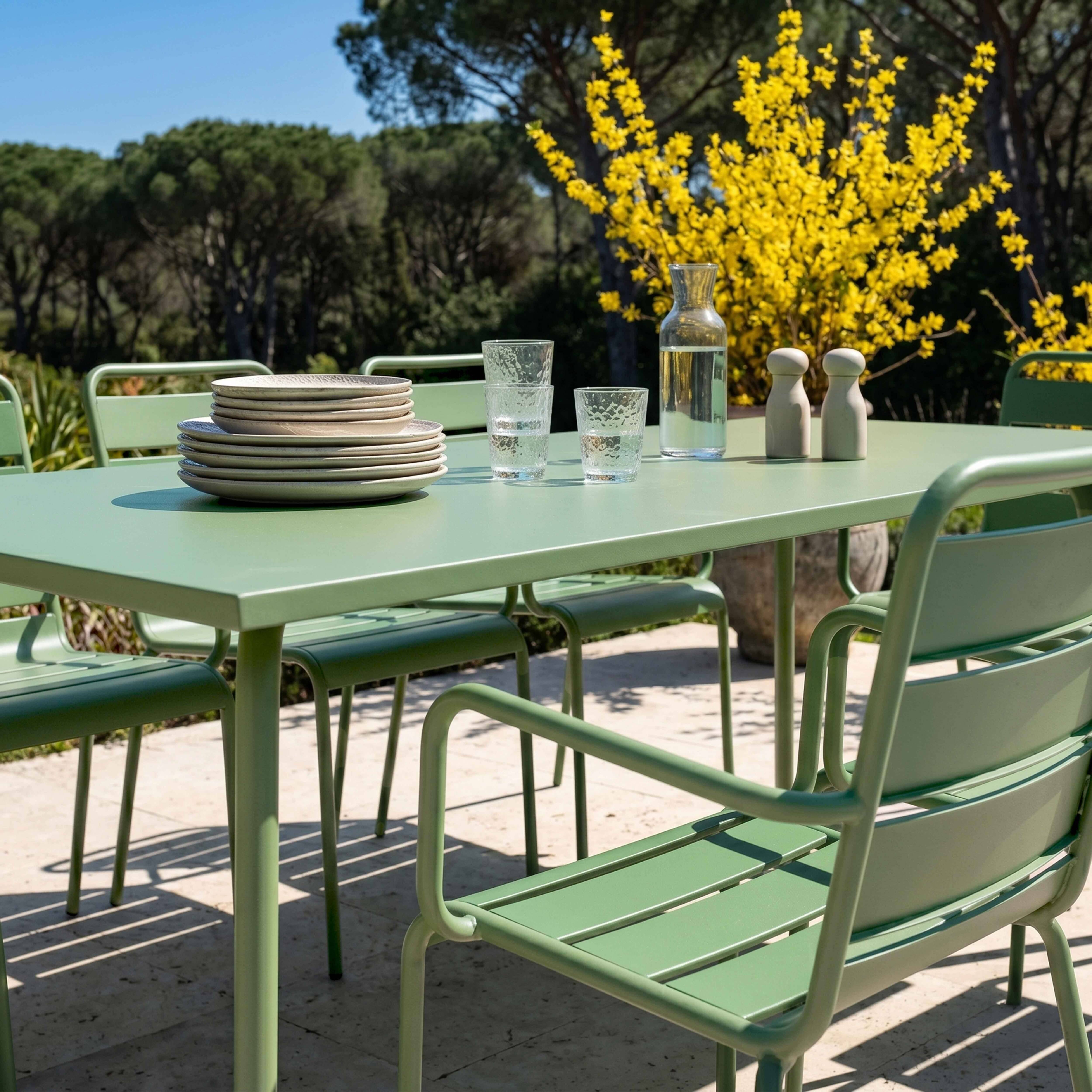 Oviala - Ensemble table de jardin et 8 fauteuils en métal vert cactus Palavas - Oviala - Imagen 4